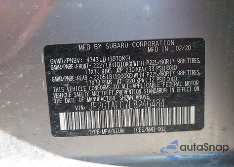 2020 Subaru Crosstrek Premium z USA, uszkodzony, nr VIN JF2GTAEC7L8246484